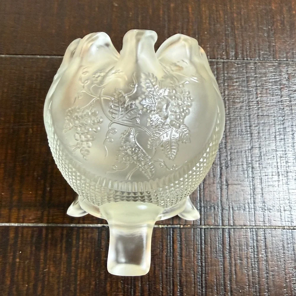 Fenton Glass Rose Bowl Vase Satin Clear Frosted Grape Pattern Footed Decor